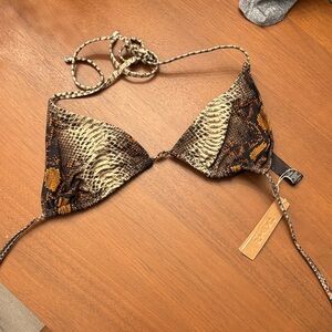 SKIMS Snake-Print Triangle Bikini Top in Brown and Cream